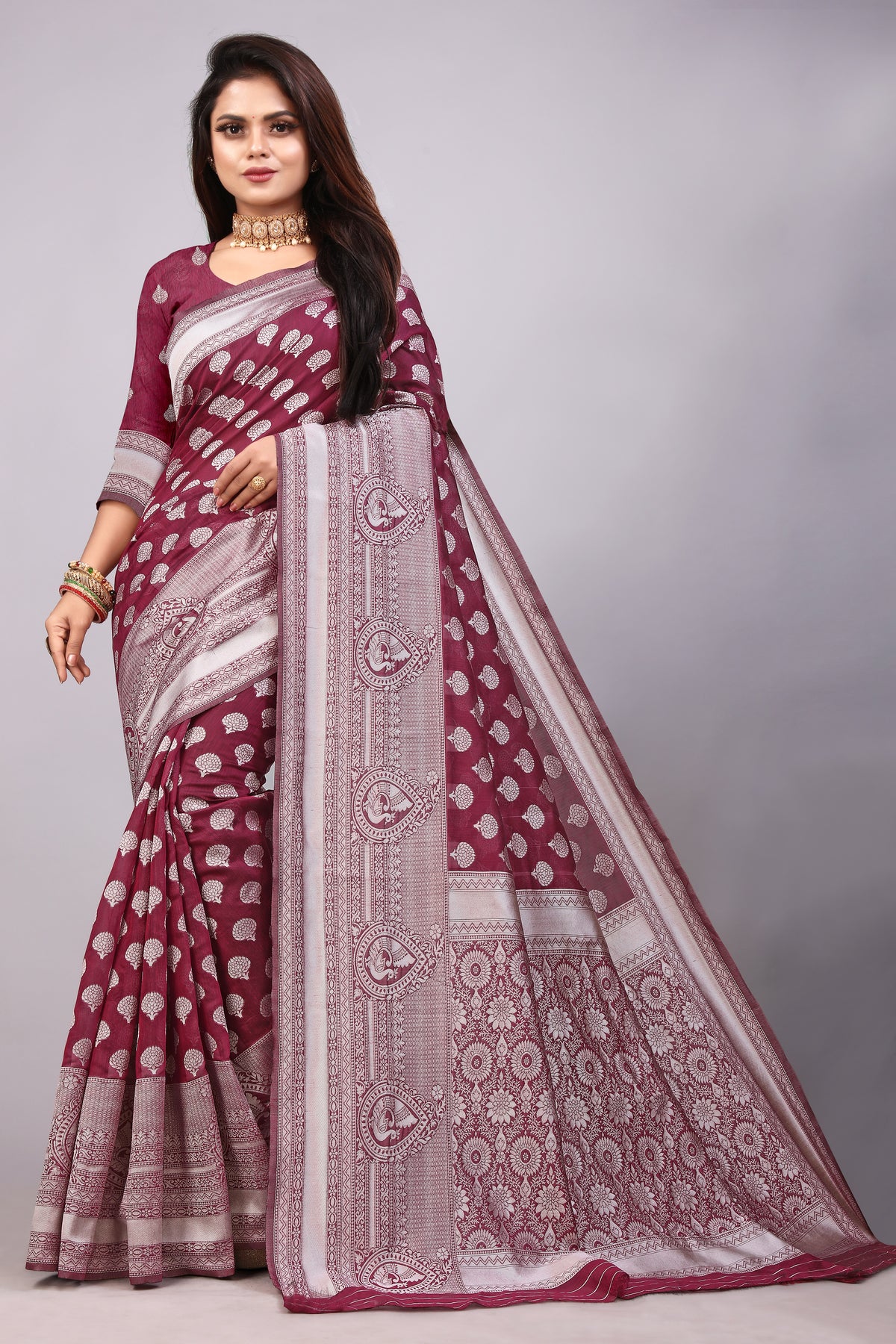 Delightful Exclusive Attractive Designer Bollywood Saree For Women Soft Lichi Silk saree with Rich Pallu & Meenakari with Weaving  Border ( Rapair Buta - Maroon )