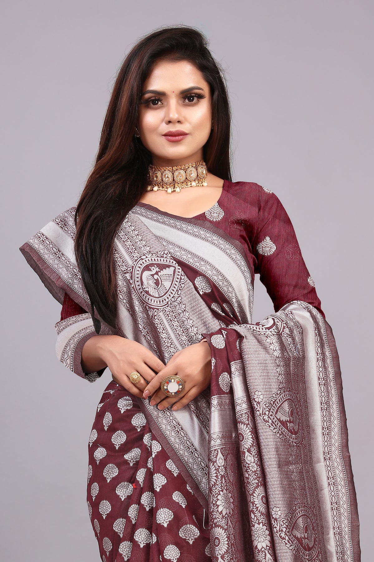 Delightful Exclusive Attractive Designer Bollywood Saree For Women Soft Lichi Silk saree with Rich Pallu & Meenakari with Weaving  Border ( Rapair Buta - Brown )