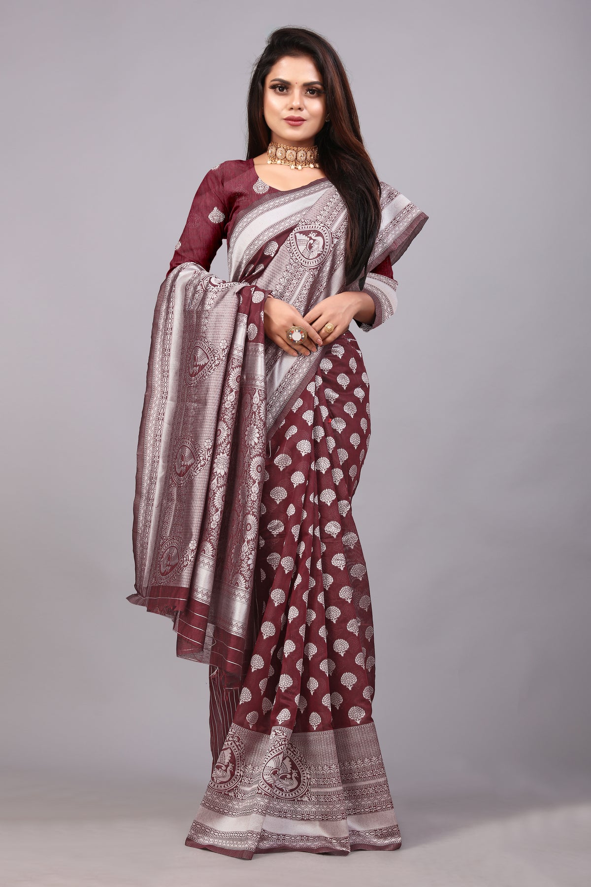 Delightful Exclusive Attractive Designer Bollywood Saree For Women Soft Lichi Silk saree with Rich Pallu & Meenakari with Weaving  Border ( Rapair Buta - Brown )