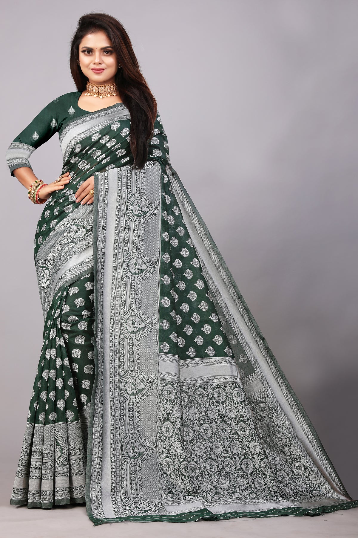 Delightful Exclusive Attractive Designer Bollywood Saree For Women Soft Lichi Silk saree with Rich Pallu & Meenakari with Weaving  Border ( Rapair Buta - Dark Green )