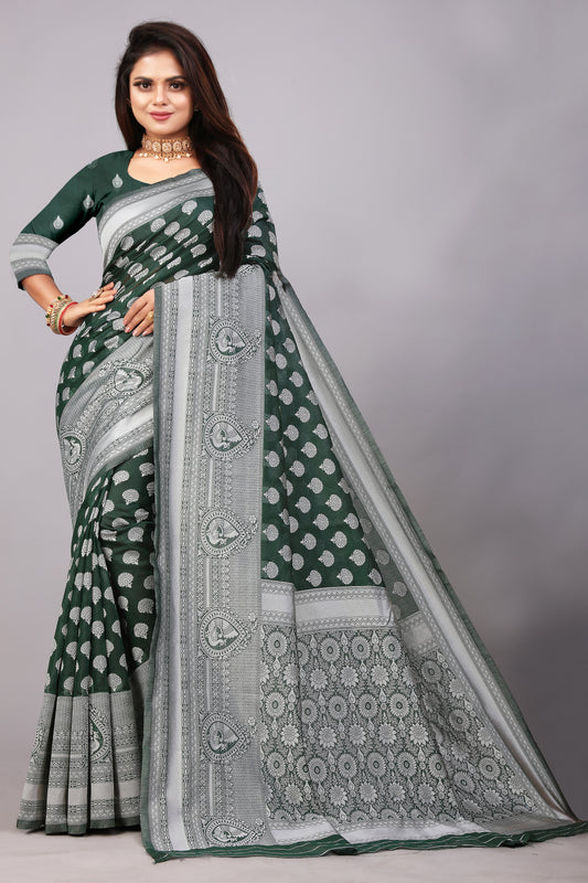 Delightful Exclusive Attractive Designer Bollywood Saree For Women Soft Lichi Silk saree with Rich Pallu & Meenakari with Weaving  Border ( Rapair Buta - Dark Green )