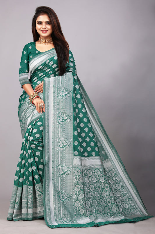 Delightful Exclusive Attractive Designer Bollywood Saree For Women Soft Lichi Silk saree with Rich Pallu & Meenakari with Weaving  Border ( Rapair Buta - Rama )