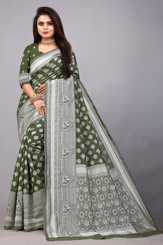 Delightful Exclusive Attractive Designer Bollywood Saree For Women Soft Lichi Silk saree with Rich Pallu & Meenakari with Weaving  Border ( Rapair Buta - Mahendi Green )