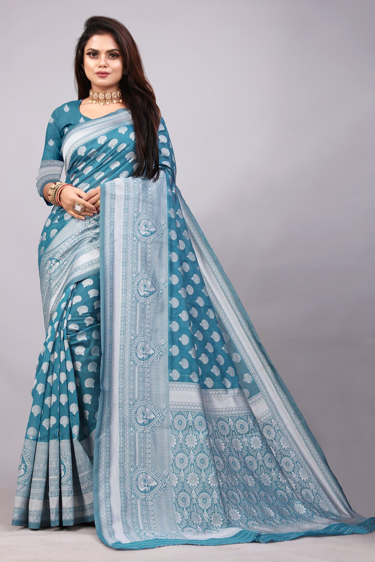 Delightful Exclusive Attractive Designer Bollywood Saree For Women Soft Lichi Silk saree with Rich Pallu & Meenakari with Weaving  Border ( Rapair Buta - Light Blue )