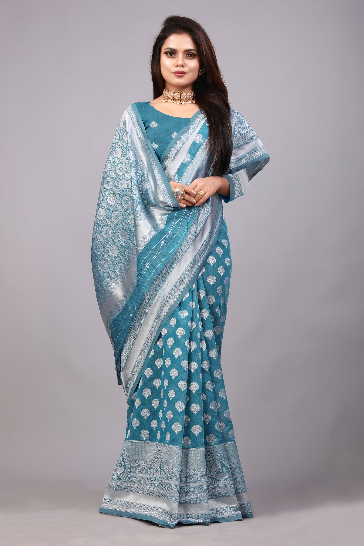 Delightful Exclusive Attractive Designer Bollywood Saree For Women Soft Lichi Silk saree with Rich Pallu & Meenakari with Weaving  Border ( Rapair Buta - Light Blue )