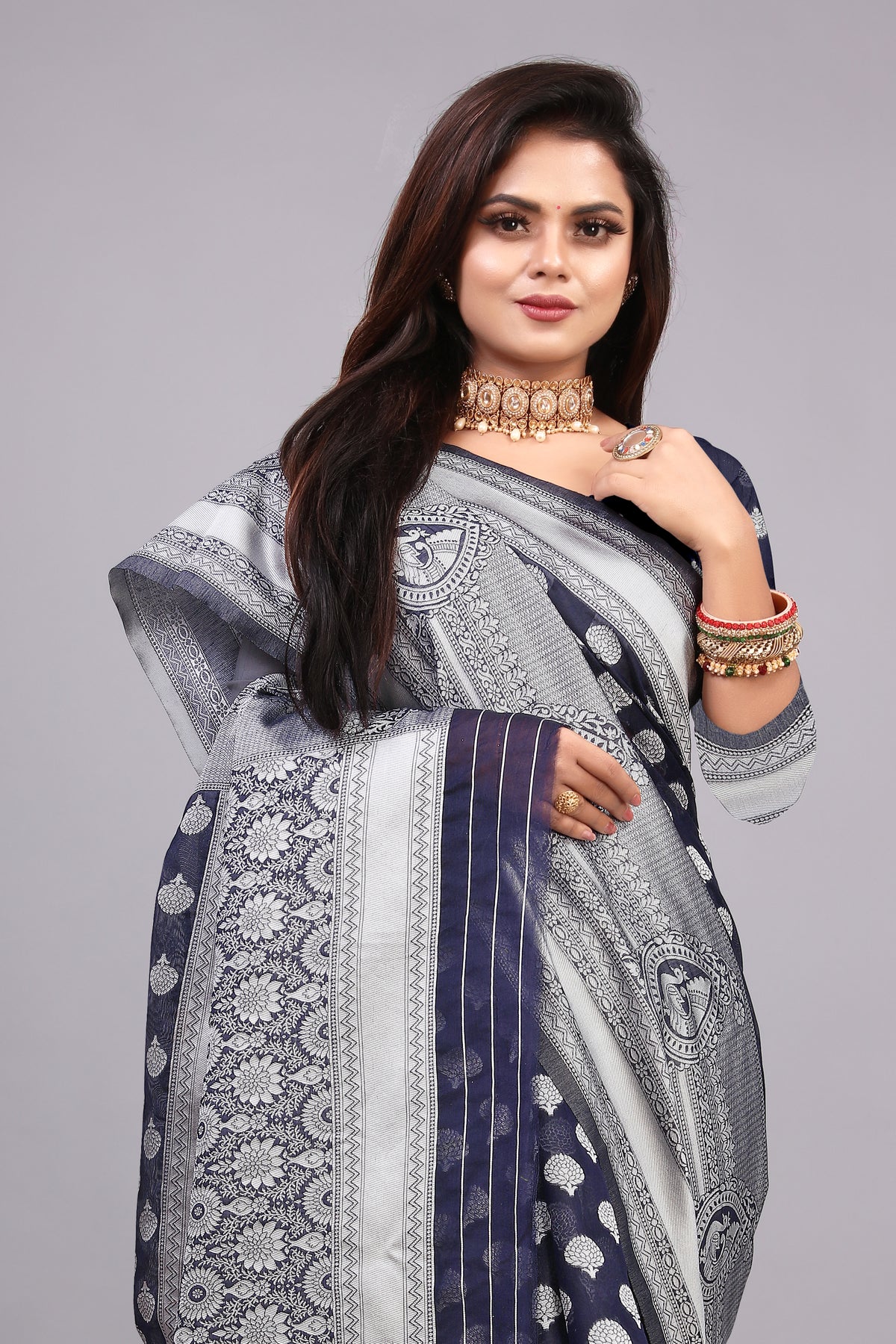 Delightful Exclusive Attractive Designer Bollywood Saree For Women Soft Lichi Silk saree with Rich Pallu & Meenakari with Weaving  Border ( Rapair Buta - Nevy Blue )