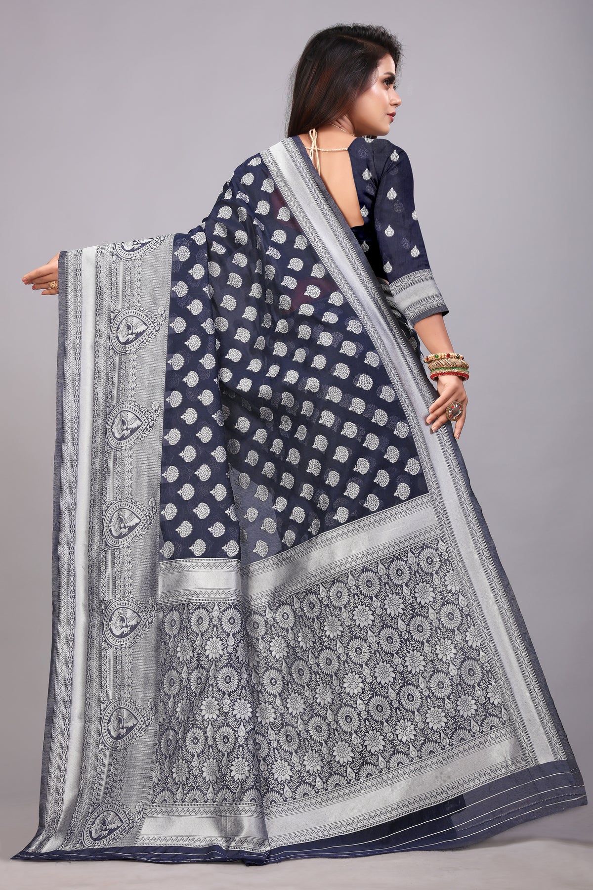 Delightful Exclusive Attractive Designer Bollywood Saree For Women Soft Lichi Silk saree with Rich Pallu & Meenakari with Weaving  Border ( Rapair Buta - Nevy Blue )