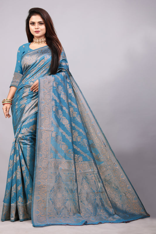 Delightful Exclusive Attractive Designer Bollywood Saree For Women Soft Lichi Silk saree with Rich Pallu & Meenakari with Weaving  Border ( Rapair Leriya - Light Blue )