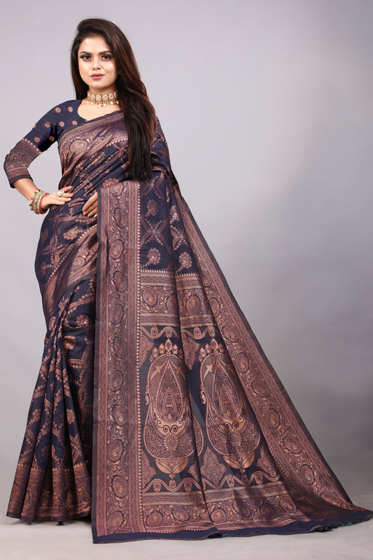 Delightful Exclusive Attractive Designer Bollywood Saree For Women Soft Lichi Silk saree with Rich Pallu & Meenakari with Weaving  Border ( Rapair Leriya 02 - Nevy Blue )