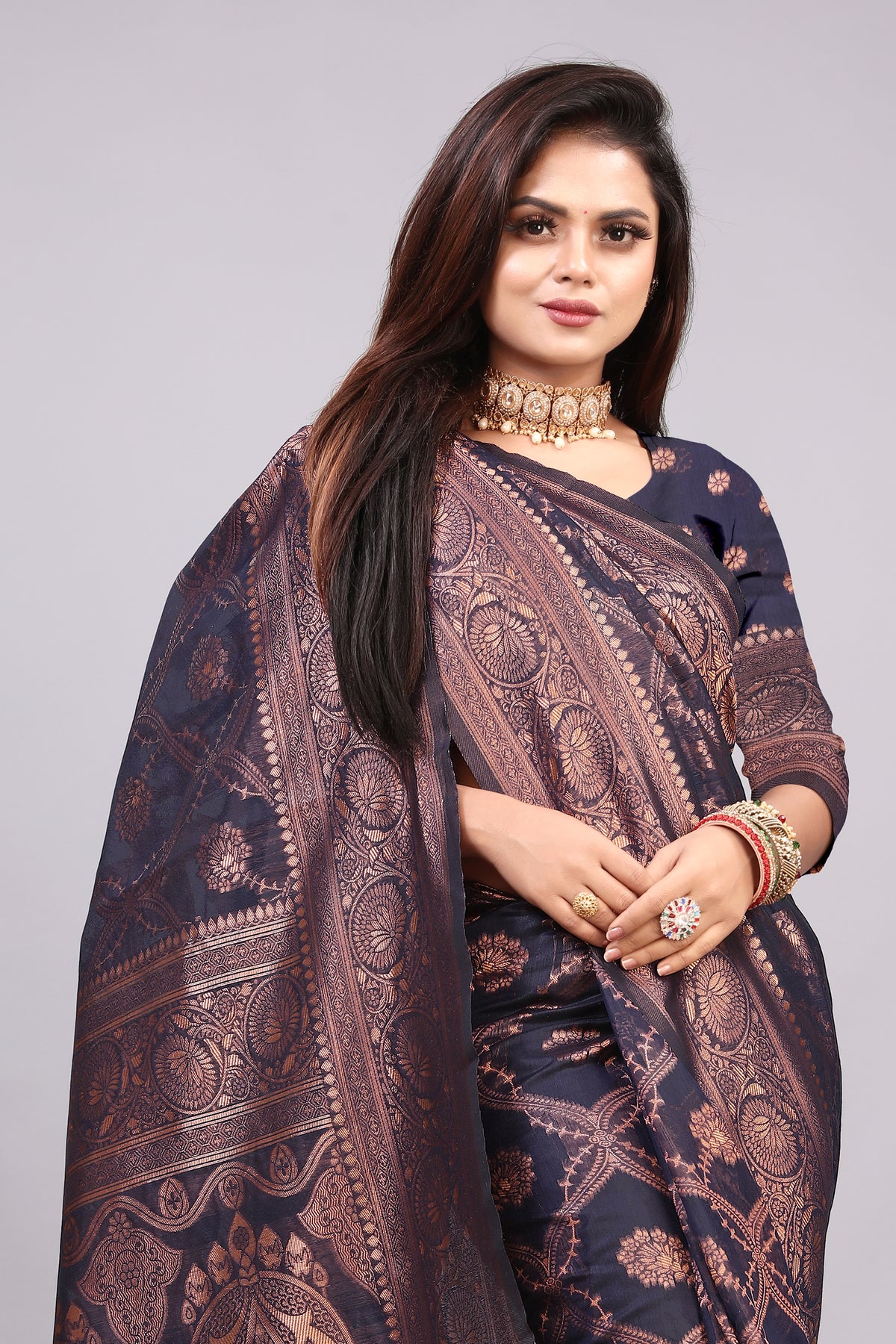 Delightful Exclusive Attractive Designer Bollywood Saree For Women Soft Lichi Silk saree with Rich Pallu & Meenakari with Weaving  Border ( Rapair Leriya 02 - Nevy Blue )