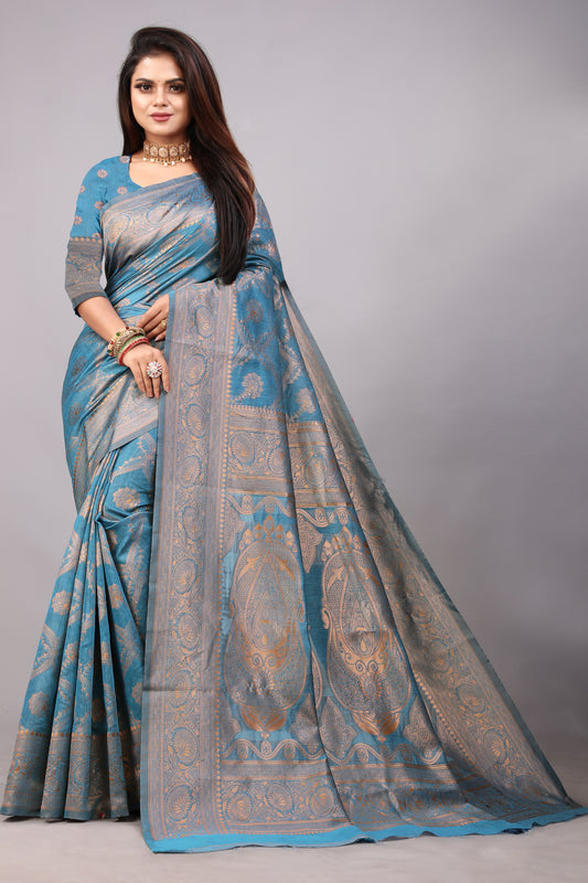 Delightful Exclusive Attractive Designer Bollywood Saree For Women Soft Lichi Silk saree with Rich Pallu & Meenakari with Weaving  Border ( Rapair Leriya 02 - Light Blue )