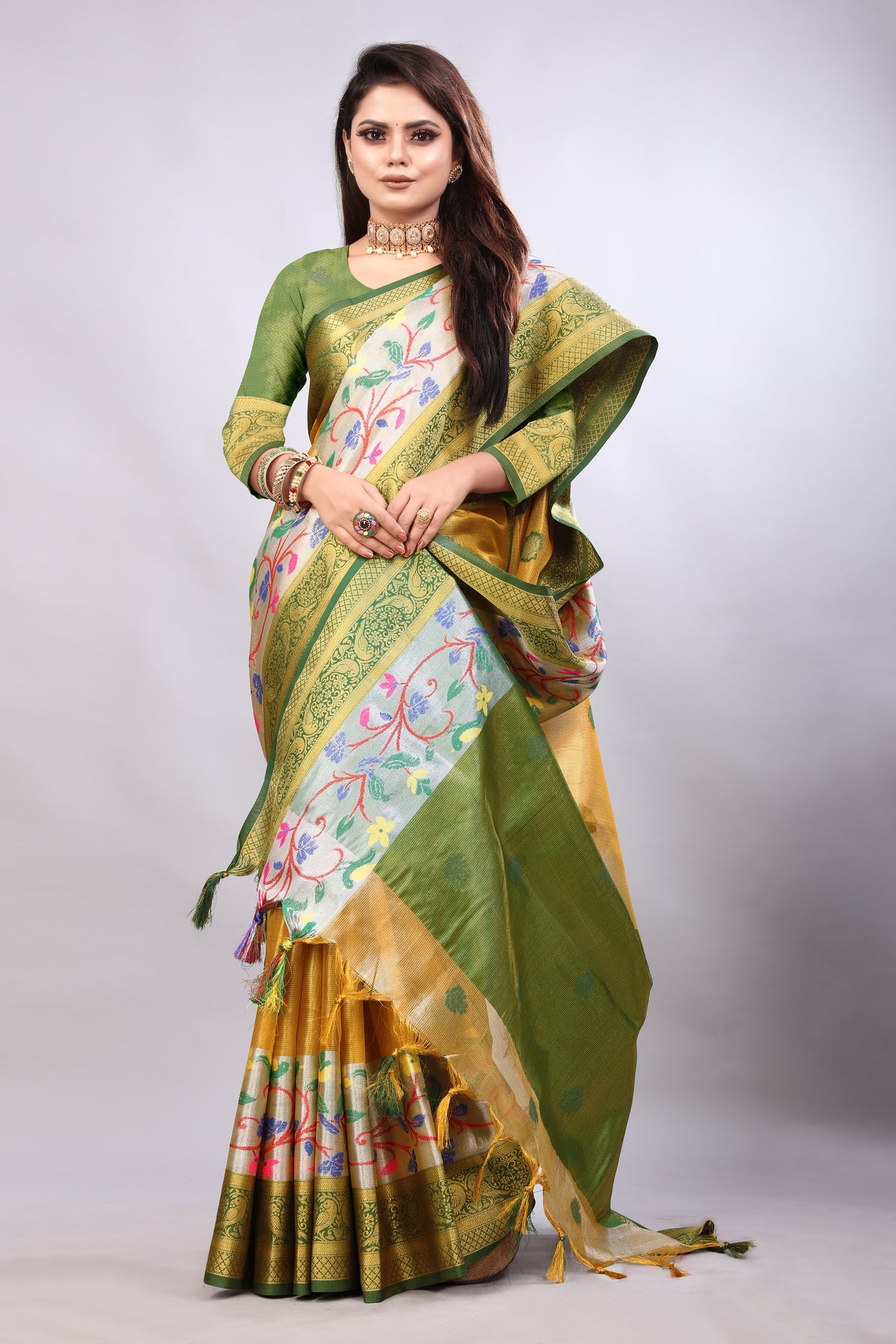 Delightful Exclusive Attractive Designer Bollywood Saree For Women Soft Lichi Silk saree with Rich Pallu & Meenakari with Weaving  Border ( Gold Chaki - Yellow )