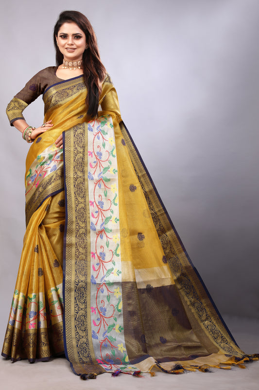 Delightful Exclusive Attractive Designer Bollywood Saree For Women Soft Lichi Silk saree with Rich Pallu & Meenakari with Weaving  Border ( Gold Chaki - Yellow )