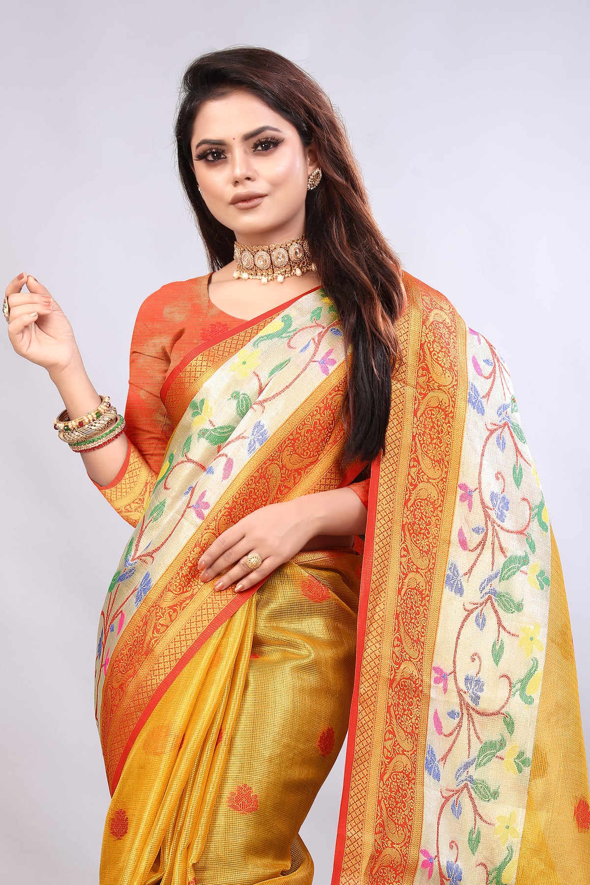 Delightful Exclusive Attractive Designer Bollywood Saree For Women Soft Lichi Silk saree with Rich Pallu & Meenakari with Weaving  Border ( Gold Chaki - Orange )