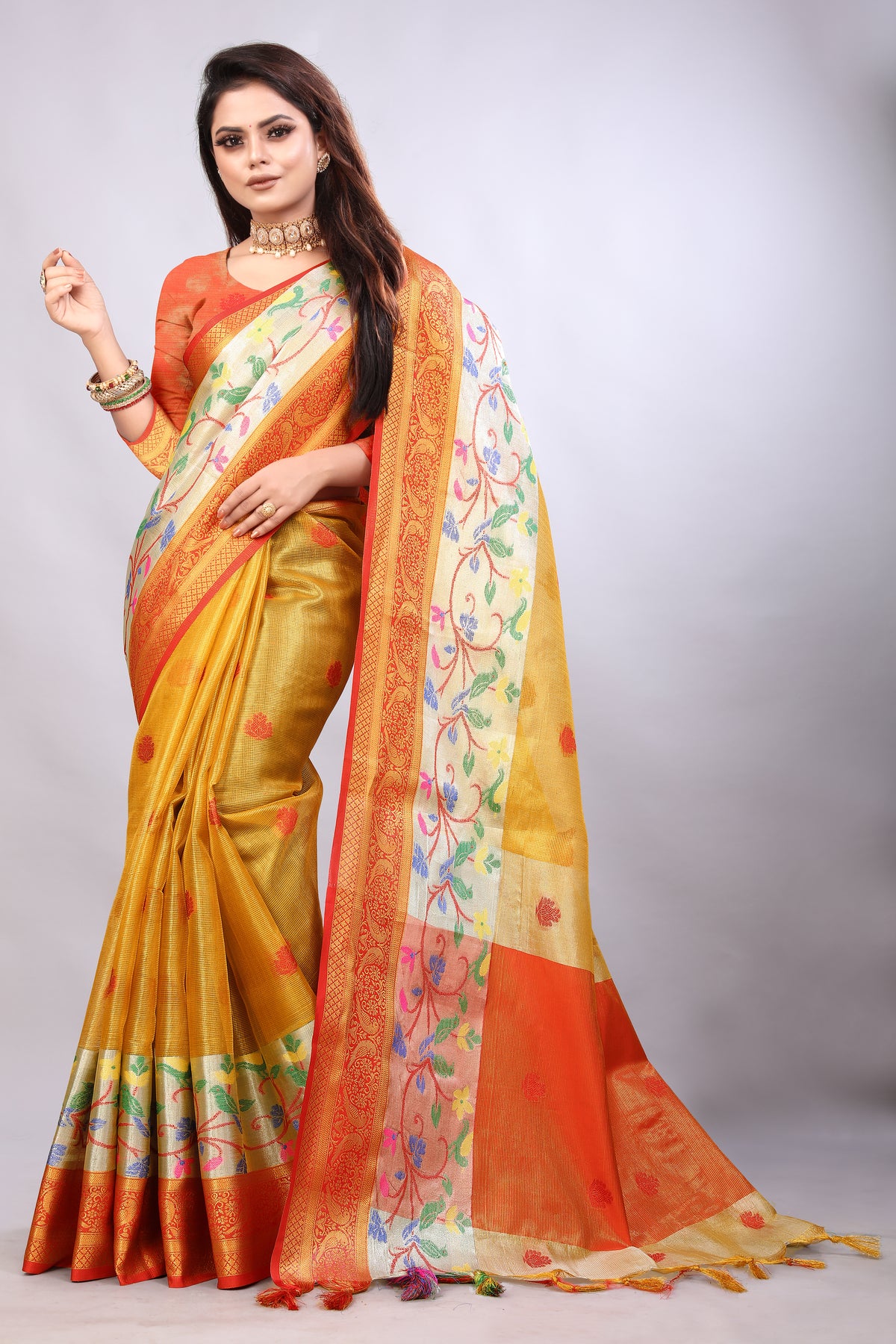 Delightful Exclusive Attractive Designer Bollywood Saree For Women Soft Lichi Silk saree with Rich Pallu & Meenakari with Weaving  Border ( Gold Chaki - Orange )