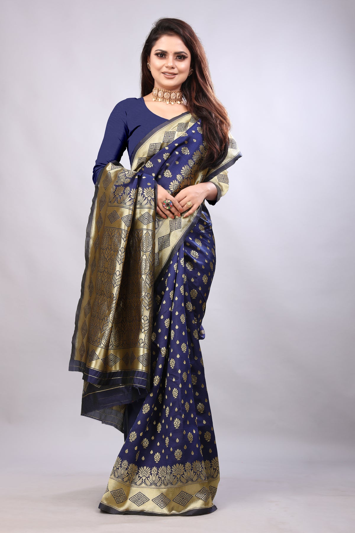 Delightful Exclusive Attractive Designer Bollywood Saree For Women Soft Lichi Silk saree with Rich Pallu & Meenakari with Weaving  Border ( Gold Chaki - Blue )