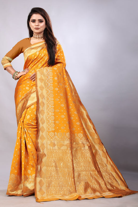 Delightful Exclusive Attractive Designer Bollywood Saree For Women Soft Lichi Silk saree with Rich Pallu & Meenakari with Weaving  Border ( Gold Chaki - Orange )