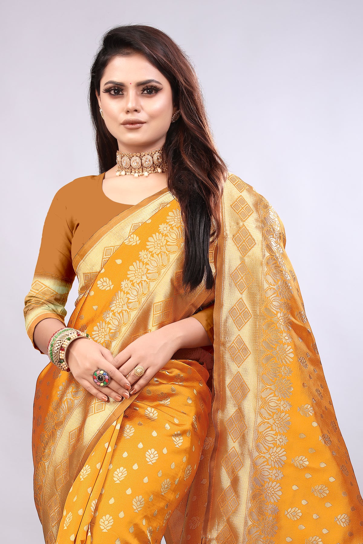 Delightful Exclusive Attractive Designer Bollywood Saree For Women Soft Lichi Silk saree with Rich Pallu & Meenakari with Weaving  Border ( Gold Chaki - Orange )