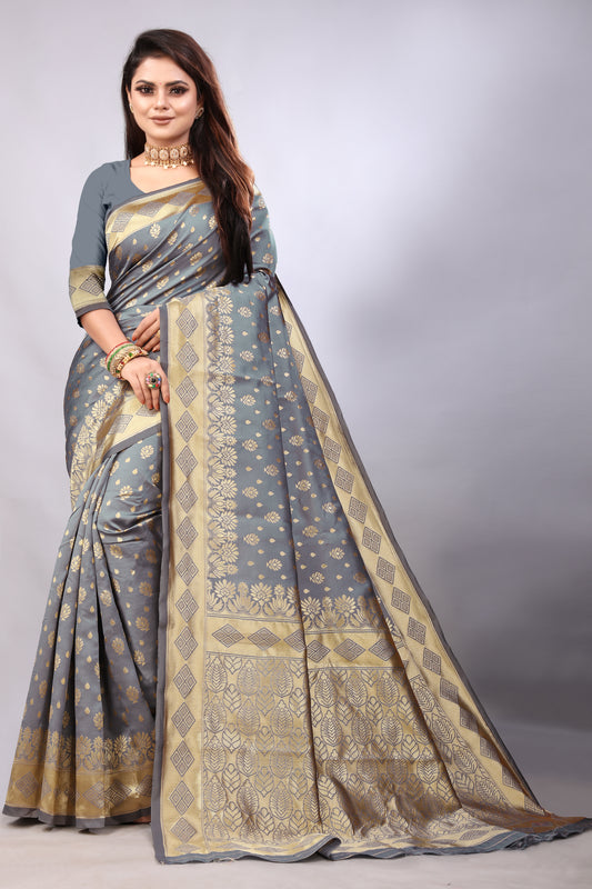 Delightful Exclusive Attractive Designer Bollywood Saree For Women Soft Lichi Silk saree with Rich Pallu & Meenakari with Weaving  Border ( Gold Chaki - Grey )