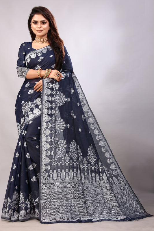 Delightful Exclusive Attractive Designer Bollywood Saree For Women Soft Lichi Silk saree with Rich Pallu & Meenakari with Weaving  Border ( Rapair Flower - Nevy Blue )