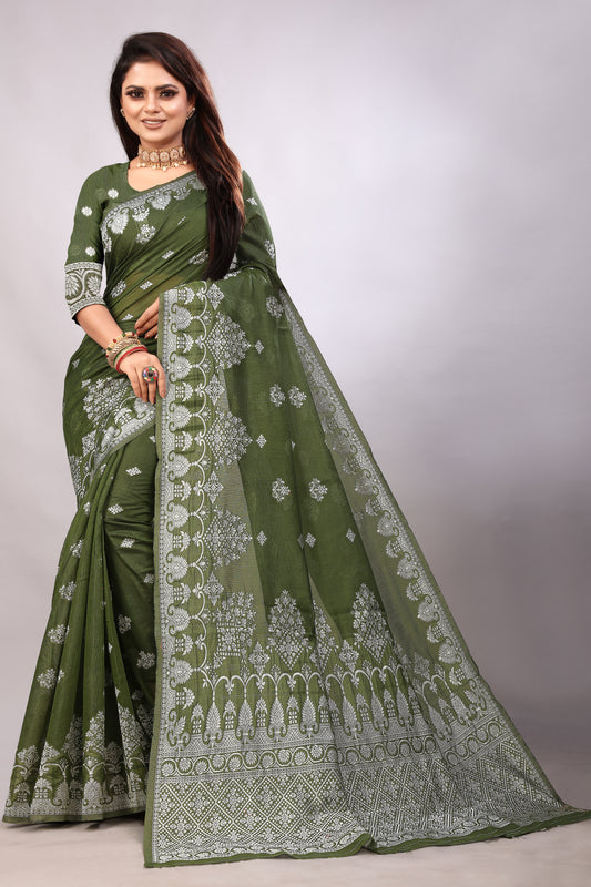 Delightful Exclusive Attractive Designer Bollywood Saree For Women Soft Lichi Silk saree with Rich Pallu & Meenakari with Weaving  Border ( Rapair Flower - Mahendi Green )