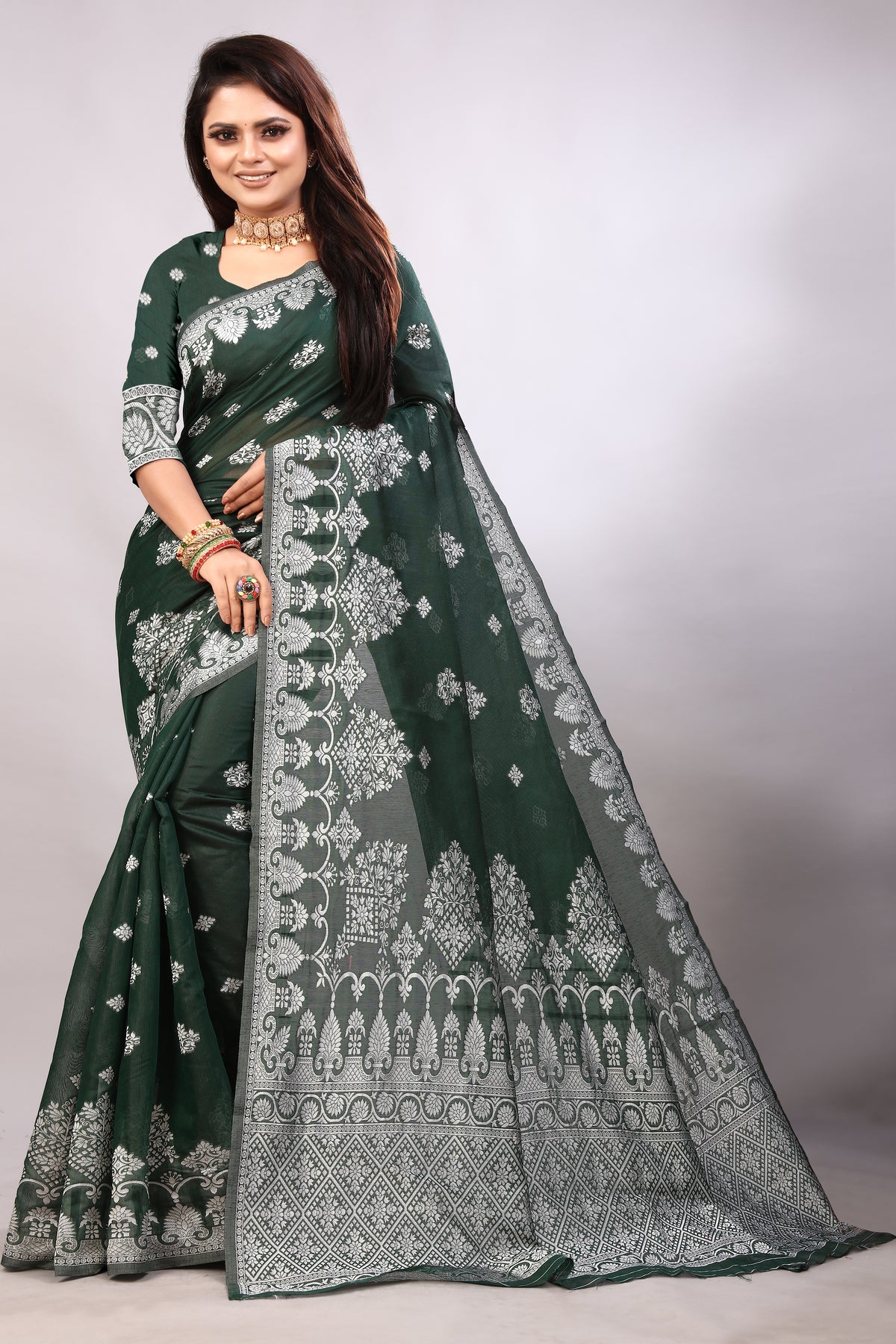 Delightful Exclusive Attractive Designer Bollywood Saree For Women Soft Lichi Silk saree with Rich Pallu & Meenakari with Weaving  Border ( Rapair Flower - Dark Green )