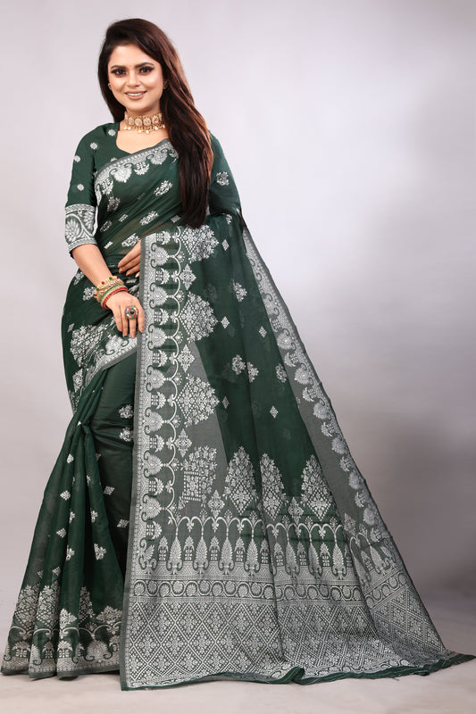 Delightful Exclusive Attractive Designer Bollywood Saree For Women Soft Lichi Silk saree with Rich Pallu & Meenakari with Weaving  Border ( Rapair Flower - Dark Green )