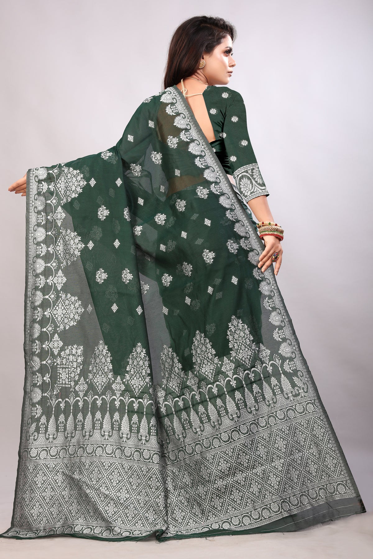 Delightful Exclusive Attractive Designer Bollywood Saree For Women Soft Lichi Silk saree with Rich Pallu & Meenakari with Weaving  Border ( Rapair Flower - Dark Green )